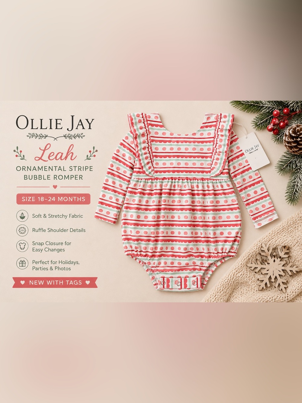 NWT Ollie Jay Leah Ornamental Stripe Bubble Romper | Pink Holiday Stripe | 18-24